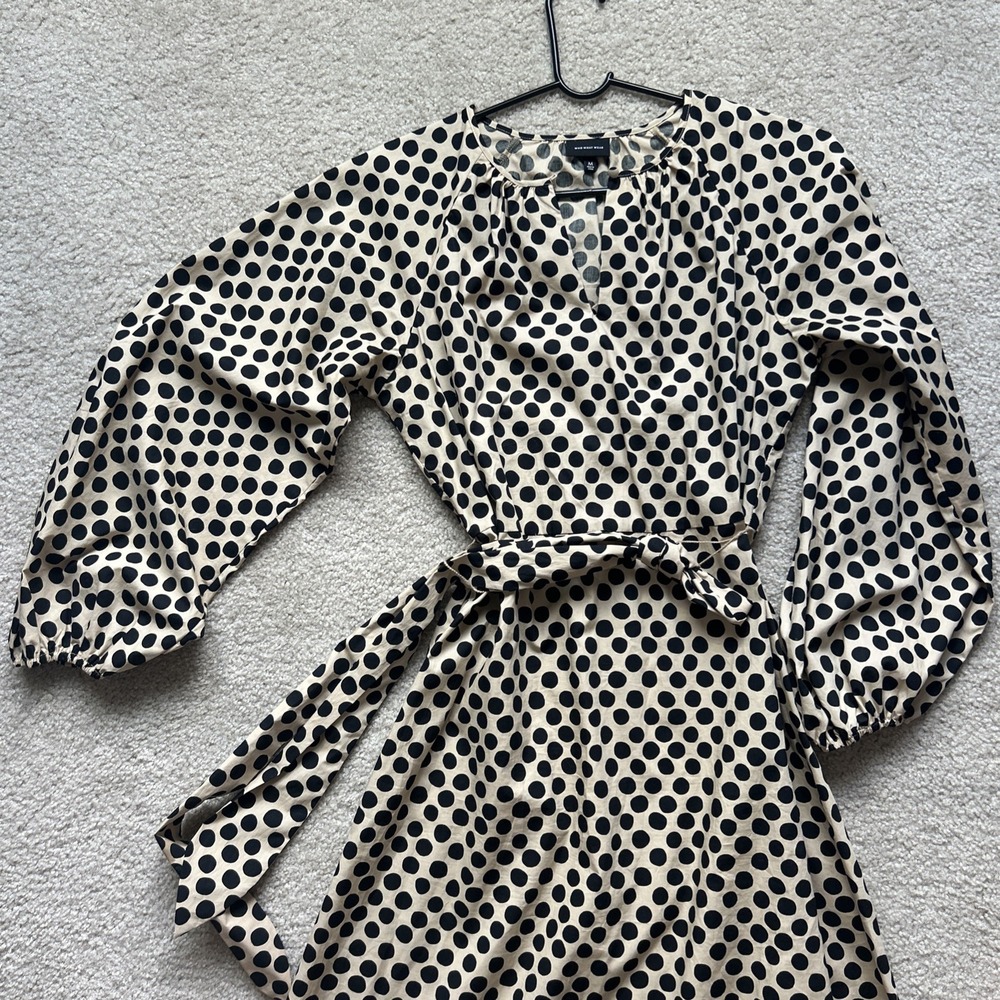 Who What Wear Beige Black Polka Dot Maxi Dress M Long Sleeve Belted Cotton